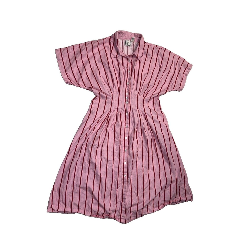 Lea Short Sleeve Pink Pleated Waist Striped Maxi Dress Navy Size Large